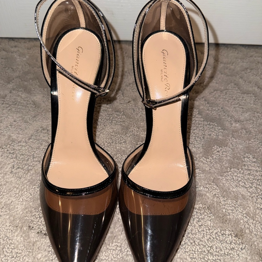 GIANVITO ROSSI Black/Blush Plexi Ankle Strap Pumps